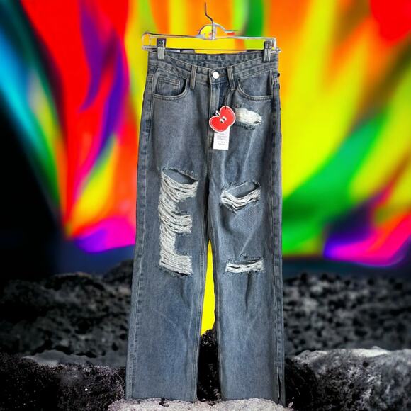 Cider Womens Jeans Sz XXS High Waist Wide Leg Ripped Raw Hem NEW - Picture 1 of 6